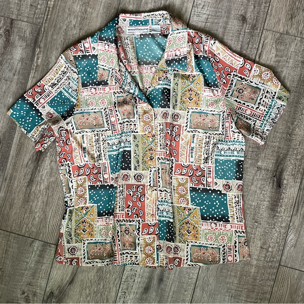 Vintage 1990s Patchwork Pattern Button Down Blouse - image 8